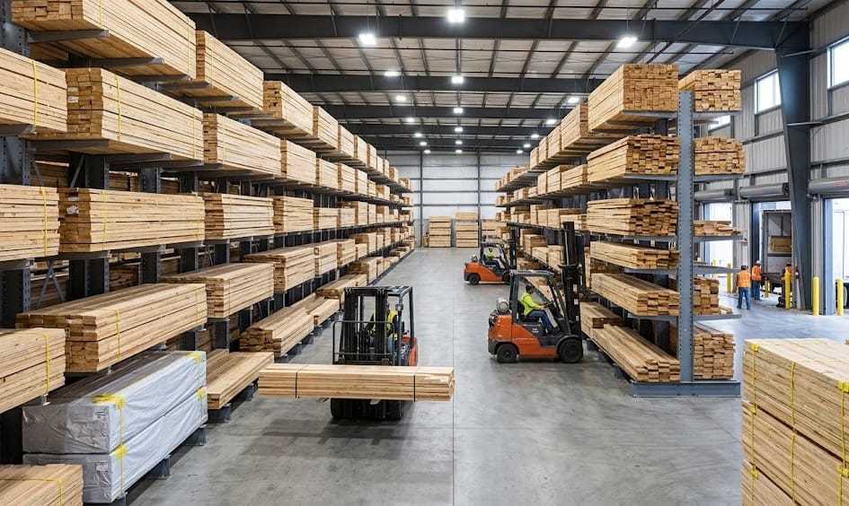 Norfolk Lumber warehouse interior — organized racks of lumber with forklifts
