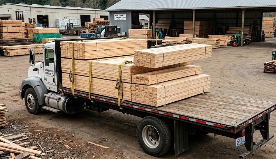 Norfolk Lumber flatbed truck loaded with stacked lumber ready for delivery