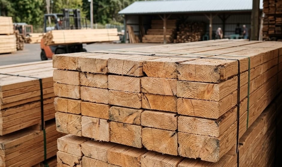 Close-up of stacked reclaimed lumber showing end grain and natural wood character